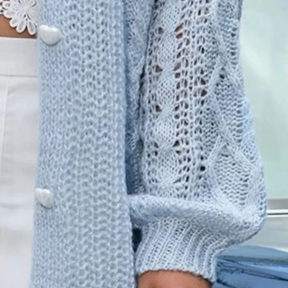 PLUS SIZE BLUE BUTTON UP CABLE KNIT CARDIGAN - Picture 6 of 6